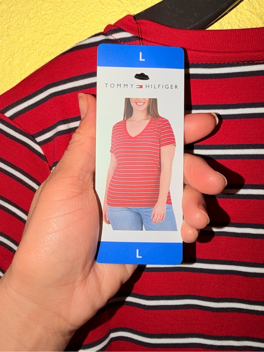 Tommy Hilfiger Red, Navy & White Striped V-Neck Short Sleeve Tee
